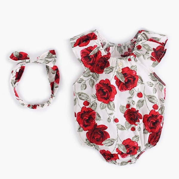 Sanlutoz Rosa Blommig Nyfödd Baby Flicka Body + Hårband Fashion Baby Kläder Set BRS9017 18-24M