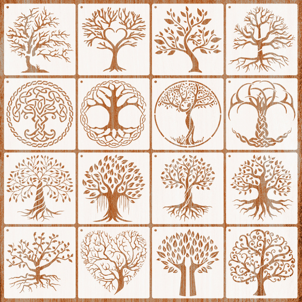 16 st Tree of Life-schabloner för Airbrush-målning av trä, natur
