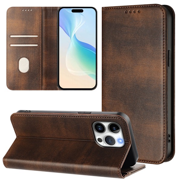 Lämplig för iPhone 15 Pro Max läderfodral retro läder kortplånbok magnetisk sug skyddande skal enfärgad Claret
