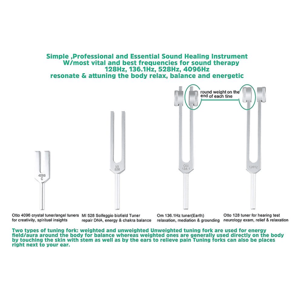 4 stk stemmegaffelsett (128hz, 136.1hz, Mi 528hz, 4096hz), for helbredende chakra, lydterapi, reliever St.