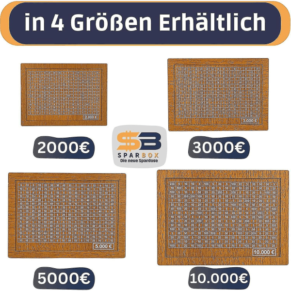 Spareboks i 4 størrelser Sparekasser med sparemål og avkrysningsbare tall 2000 euros