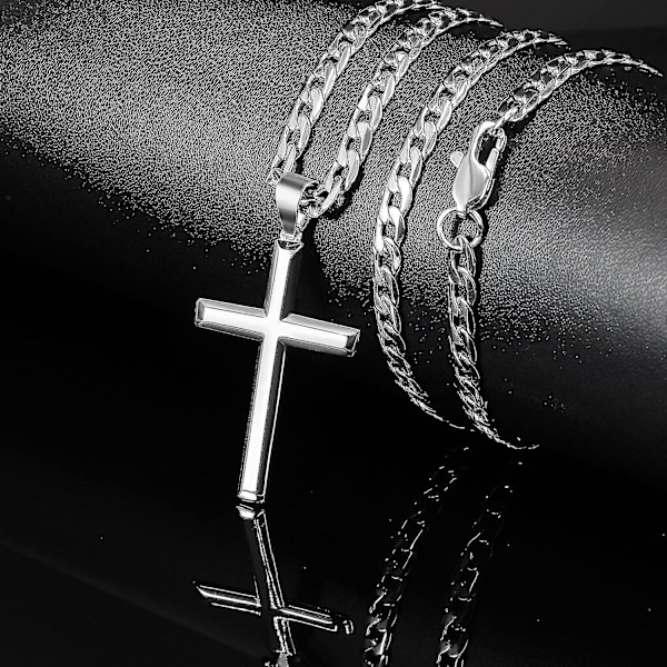925 Sterling Silver Korshalsband för Män Kvinnor 45mm Rostfritt Stål Högpolerad Kubansk Länk Kedja 18k Vitguldpläterad Fasade Kanter Krucifix-yuy 23in-59cm