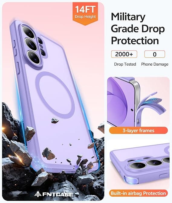 FNTCASE for Samsung Galaxy S26 Ultra Case with Screen Protector, MagSafe Compatible, Translucent Matte, Full Camera Protection, Shockproof Light purple