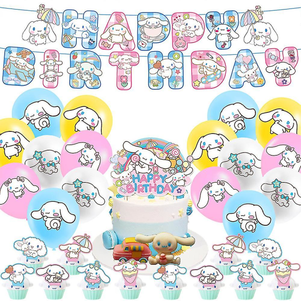 Cinnamoroll-teema Syntymäpäiväjuhlakoristeet - Sarjakuva-anime Kawaii -juhlatarvikkeet Sisältää bannerin, ilmapallot, kakkupäällyksen, Cinnamoroll-juhlasuosituksen