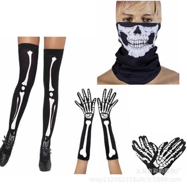 Halloween Bensaet Skelet Strømper Handsker One Size Ansigtsmaske