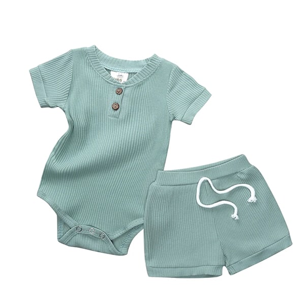 2023 Baby Essentials 2-delat Set, Ribbad Crewneck Kortärmad Romper, Byxor med Snodd 1 12-24m