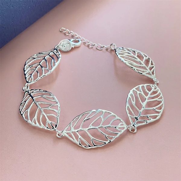 S925 Sterling Sølv Armbånd med Blader for Kvinner, Bryllupsgave, Smykker QH059