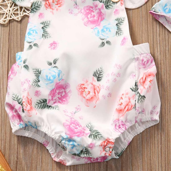 Tregren Nyfødt Baby Romper 0-24M Piger Sød Blomster Outfit i Blød Bomuld med 2 Dele Sæt Inkluderer Top og Pandebånd 6 month