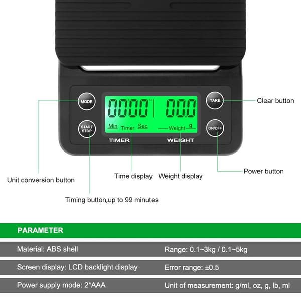 Professionell kaffevåg med timer, digital espressoskala, köksprecisionsvåg med timer (Uno Scale)