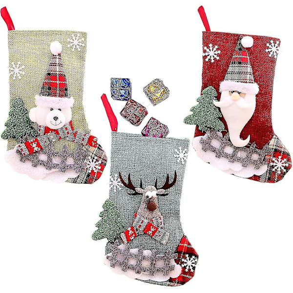 3 Pcs Christmas Linen Stocking Gift Santa Claus Hanging Bag  Hy