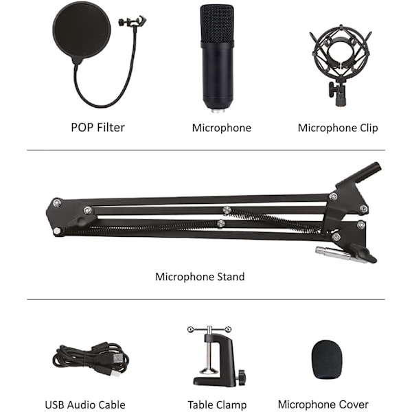 Nova USB-mikrofon, Omnidirectional Cardioid Kondensator och Justerbar Boom