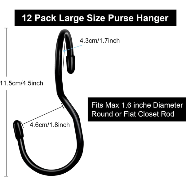 12-pack garderobshängare, Unik Twist Design Bag Hanger Plånbokskrokar, Stora garderobsstångskrokar för hängande väskor (svart)