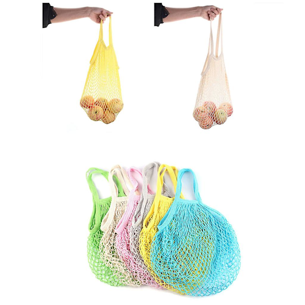 Bærbar bomull handlepose i mesh, økologisk, gjenbrukbar, med kort håndtak, handleposer i mesh med snor, miljøvennlige, lette, sammenleggbare, store kapasitet Pink
