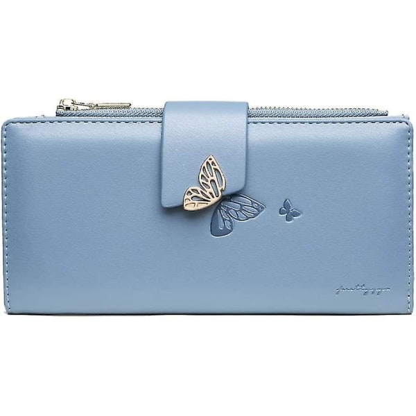 Dame-lommebok Skinn Lang Bifold Clutch-lommebok med sommerfugltrykk Dame-glidelåspung Kredittkortorganisator, blå