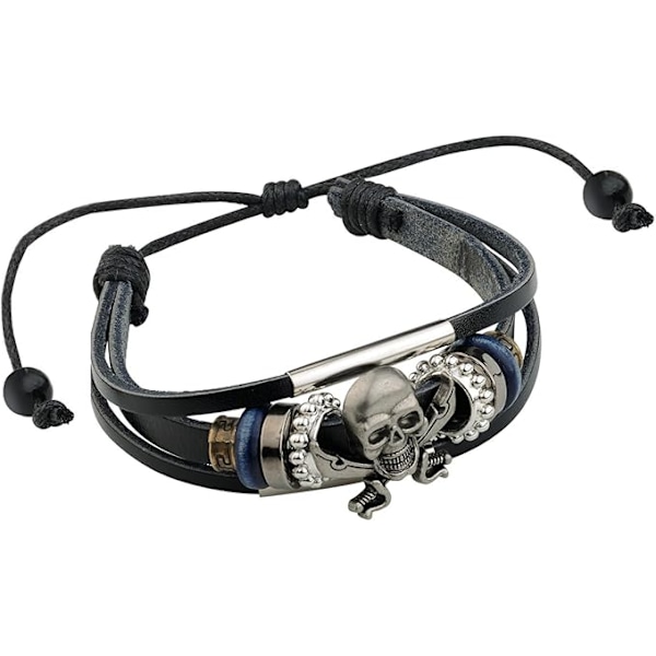 Ekte Lær Skalle Armbånd Justerbar Viking Stil Svart 10g