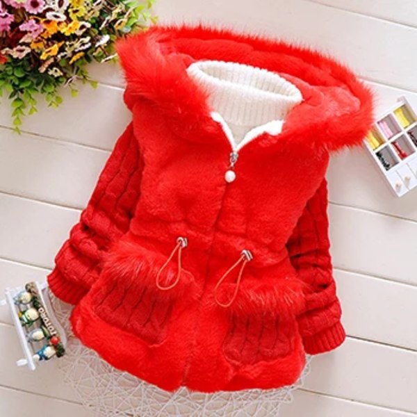 Vinter Baby Tyk Varmt Fleece Frakke Med Hætte Baby Dreng Pige Yderbeklædning red 9M-12M(Size 6)