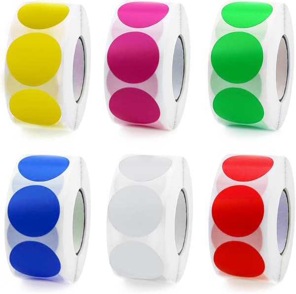 6 Colored Round Stickers Self-Adhesive Dots 25mm Round Labels