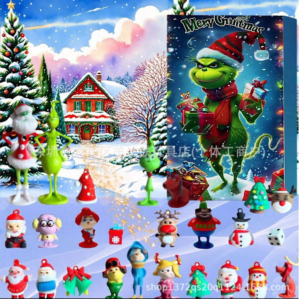 Grinch-ankomstkalender Jul blindbox 24 gåvor grönt hår nedräkning Halloween blindbox