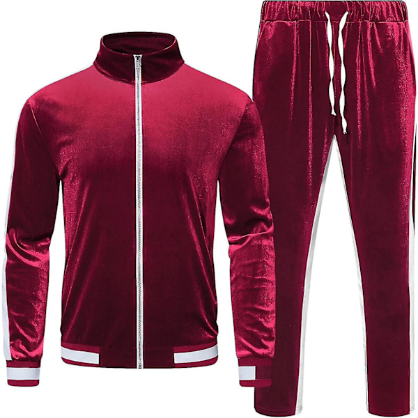Velour Träningsdräkt Sammet: Träningsset för män 2 Delar Set Dragkedja Sweatshirts Jacka Byxor Med Fickor Red Large