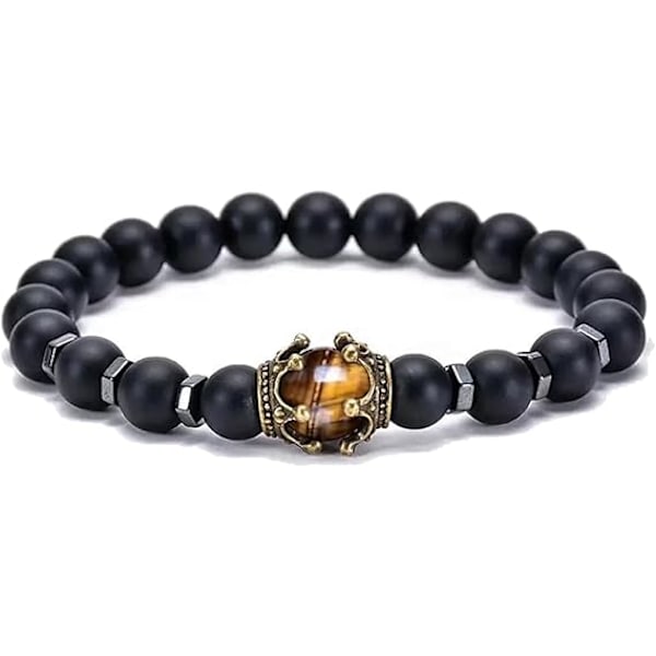 Crown King Perle Armbånd for Menn Kvinner, 8MM Stretch Tigerøye Armbånd Naturlige Steinperler Matt Onyx Kule Naturlige Steinperler Armbånd