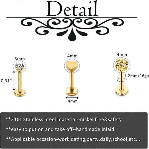 16G Læberinge Rustfrit Stål Monroe Labret Studs Brusk Tragus Øreringe Næsering Bøjle Lobe Helix Ørering Stud Barbell Piercing Smykker til Kvinder