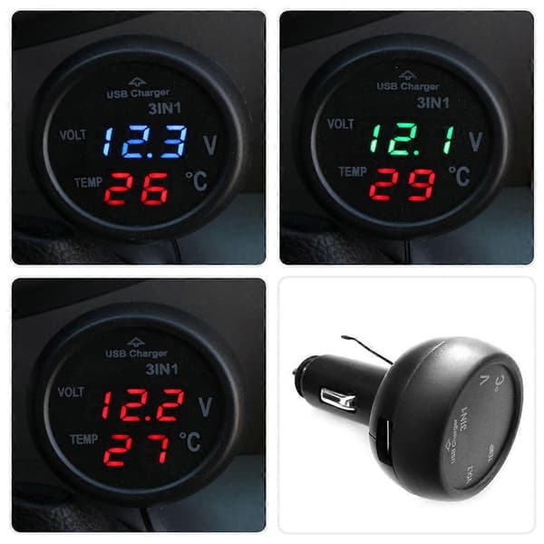 Bil Digital Voltmeter Termometer USB Oplader Bil Cigarettænder Stik Digital Voltmeter Termometer 3 I 1 Måler