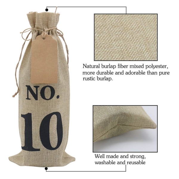 10 kpl säkkikangasviinipusseja etiketeillä sokean viininmaistelua varten, numeroidut Hessenin kangaslasilahjapussit