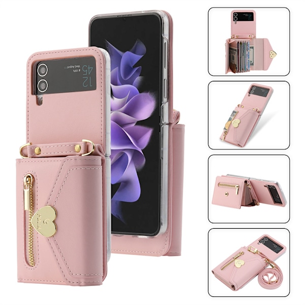 Ensfarvet Samsung ZFlip3 mobiltelefon cover metal kærlighed lynlås pung kort slot crossbody beskyttende læder Pink