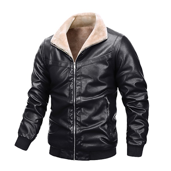 Höst-Vinter Herrar Fleece Varma PU Läderjackor Retro Blixtlås Vindjacka Motorcykeljackor Modekläder Black 4XL