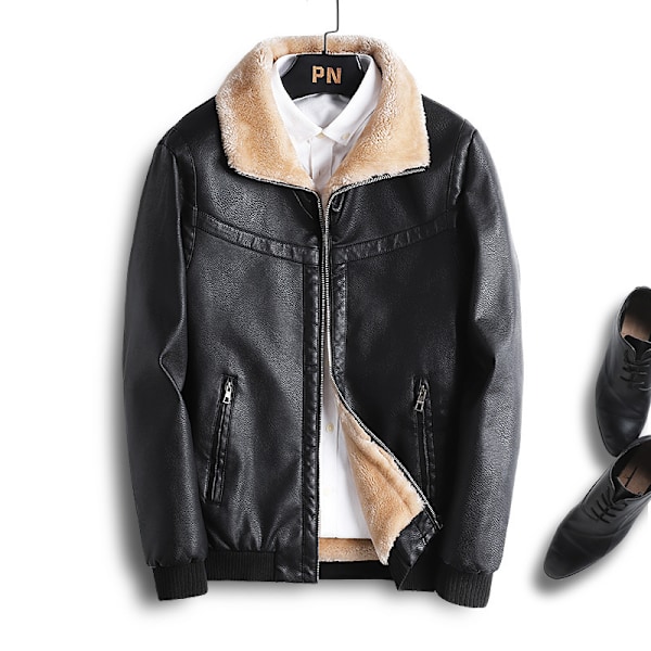 Höst-Vinter Herrar Fleece Varma PU Läderjackor Retro Blixtlås Vindjacka Motorcykeljackor Modekläder Wine Red M