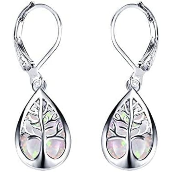 925 Sterling Silver Smycken Utsökt vattendroppe Blå Vit Fire Opal Life Tree Dingle örhängen för kvinnor