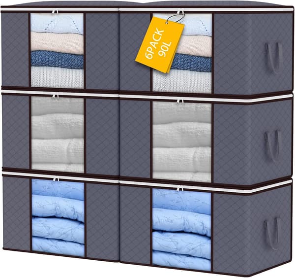 90L Storage Bags, 6-Pack Large Clothes Storage Boxes with Lids and Zippers, Foldable Clothes Storage Boxes with Reinforced Handle