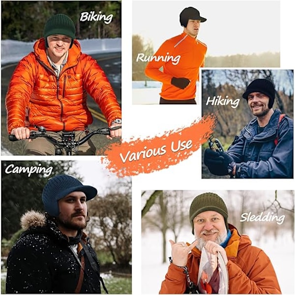 Mænds Vinter Visor Beanie Hat med Øreklapper Strikket Baseball Cap med Skygge Ski Cap Varmt Fleeceforet Jagthue Blå