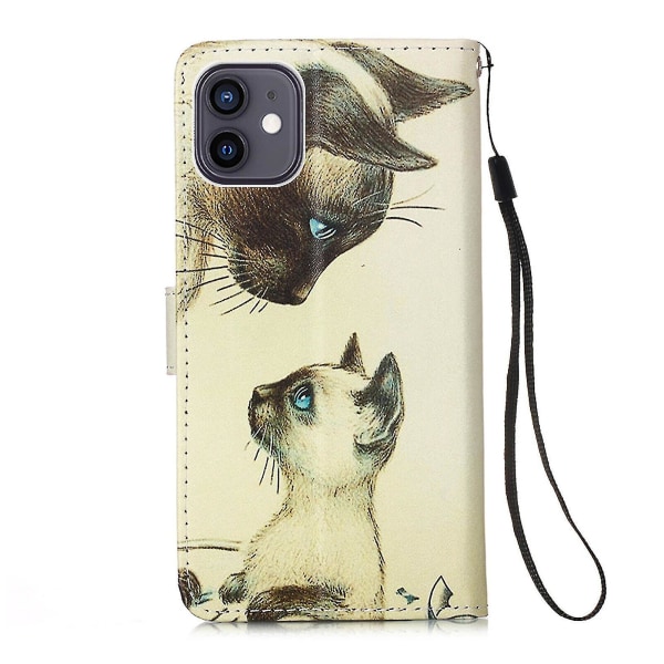 Kompatibel med Iphone 12 Mini Case Læder Flip Wallet Cover med kortslot holder Kickstand mønster - To katte