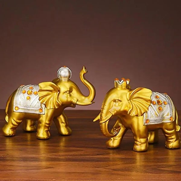 2 stk. Resin Elefant Figurer Lykkelige Gylne Elefant Statuer Formue Figur Håndverk Stue Ornamenter Gold