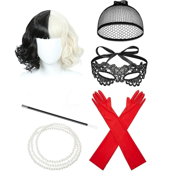 Cruella kostume dame 70'er tilbehør, kort sort og hvid paryk med holder, handsker, halskæde, blondemaske, parykhat, til halloween kostume kvinder, fan