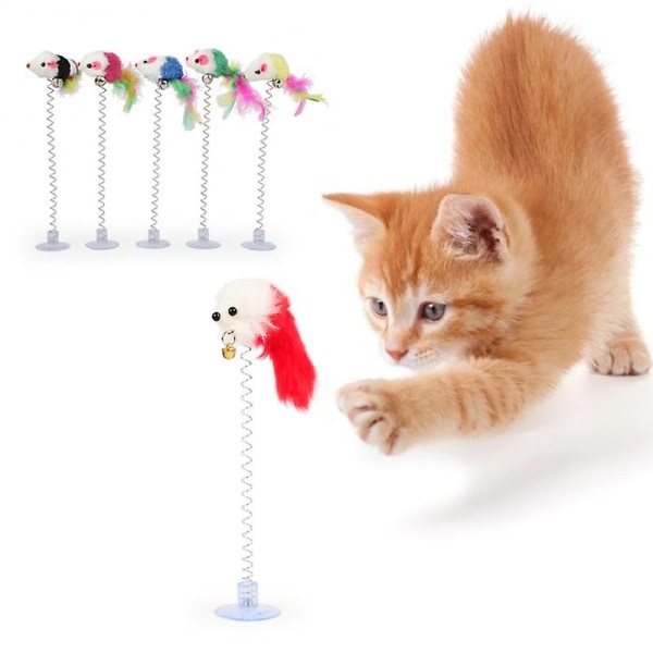 Flerfarget fjærpinne vårleketøysuging med Bell Mouse Cat Interactive Pet Tool Elastic Spring feather