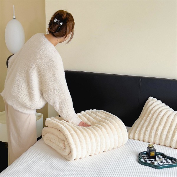 Snuggle Sac Cuddly filt, fluffigt fleecefilt, filt för soffa, säng, soffa, varm och mjuk filt med randigt mönster, grå/rosa/grön/gul,120 120*200cm Milky white
