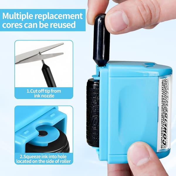 Address Blocker Wide Roller Stamp - Confidential Data Protector With 3-Pack Refills for Anti-Theft and Privacy (Blue Stamp) Blue Stamp + 3 Refills