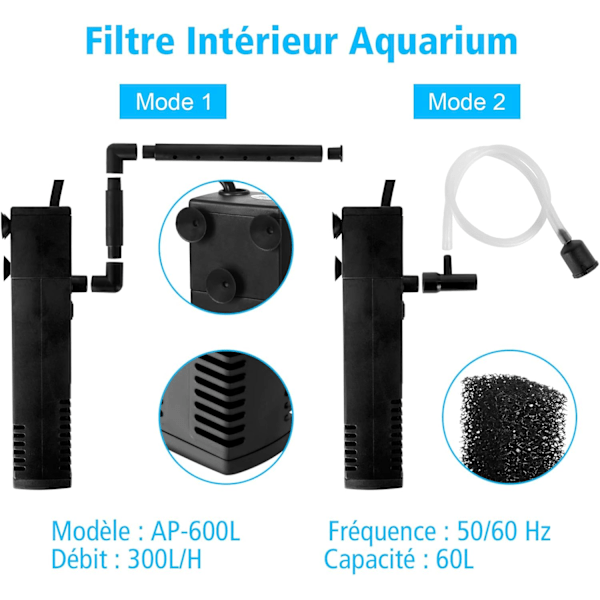 Akvarium Vandstrømsfilter 4W 300L/H Internt Akvariumfilter 60L Akvariumpumpefilter med Filter Svampe til Fisk