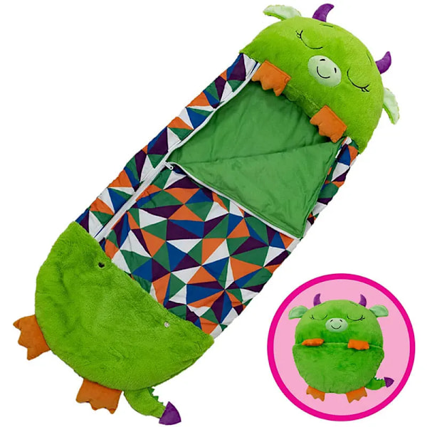 Tegneserie-sovepose for barn med bamse-pute, dyre-sovepose for gutter og jenter, julegave Green dinosaur 135x50cm