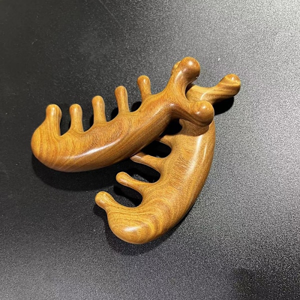 Äkta Grön Sandelträ Kam Gua Sha Skrapning Hårbotten Massager Huvud Huvud,