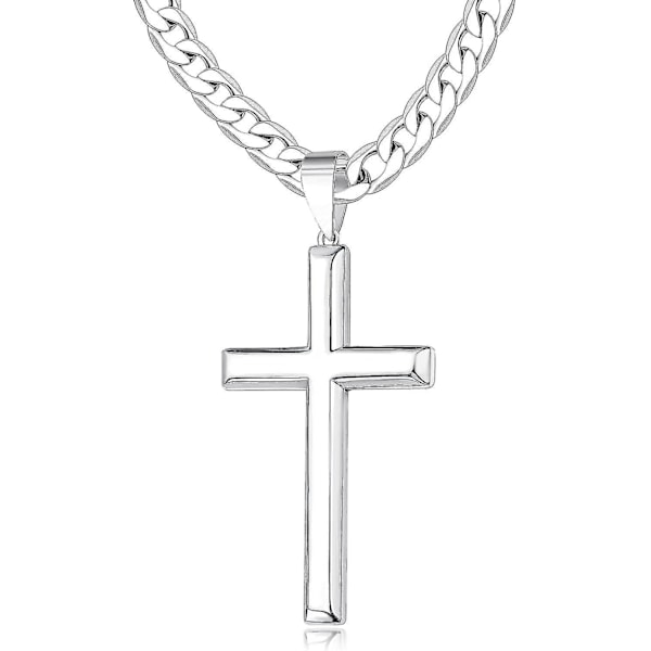925 Sterling Silver Korshalsband för Män Kvinnor 45mm Rostfritt Stål Högpolerad Kubansk Länk Kedja 18k Vitguldpläterad Fasade Kanter Krucifix-yuy 24in-61cm