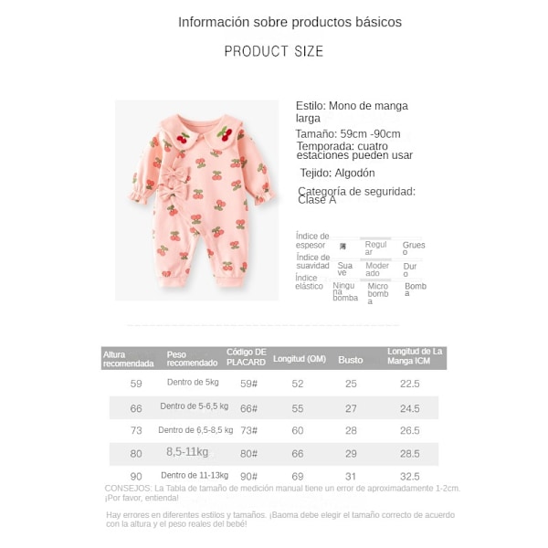 Baby Jumpsuit med Långa Ärmar, Ren Bomulls Kläder Diario de flores 59cm