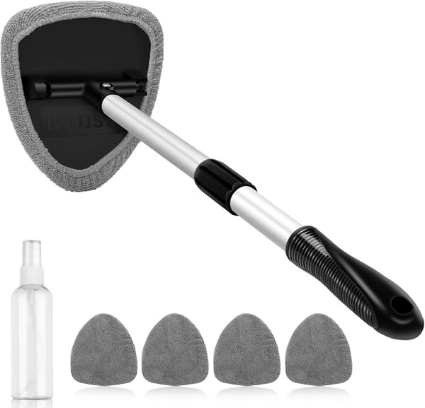 Windshield Cleaning Tool, Car Interior Detailing Cleaning Kit with Extendable Handle and 4 Reusable Microfiber Pads, Gray Grey
