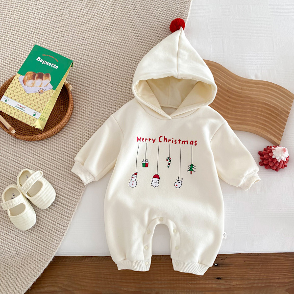 Babyjul-huvad Romper med Söt Tryck Tjock En-delad Jumpsuit Vinter Spädbarnskläder white 3-6months 66