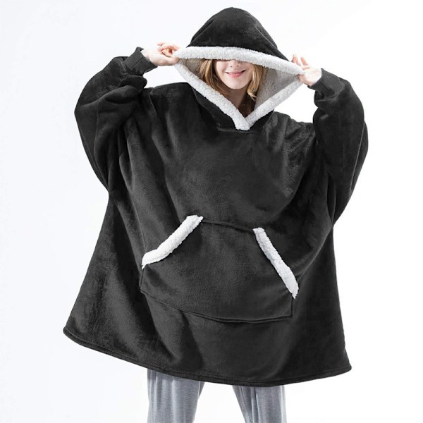Pledd med vertikal lomme, lat pledd, flanell-kåpe-stil, varm, overdimensjonert hettegenser, én størrelse Black