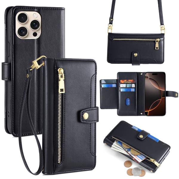 Compatible with iPhone 17 Pro Max Flip Crossbody Phone Case with Lanyard Multifunctional Cell Phone Leather Case Grey