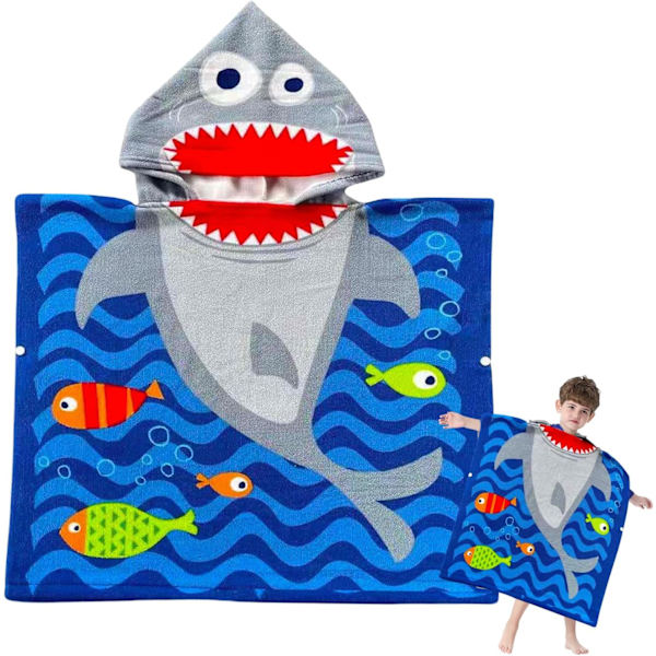 Børne Hætteponcho Håndklæder Blå Haj Strandhåndklæde med Hætte til Drenge, 120*60cm Badehåndklæde Poncho Strandskiftetøj til 5-7 år Gamle Drenge