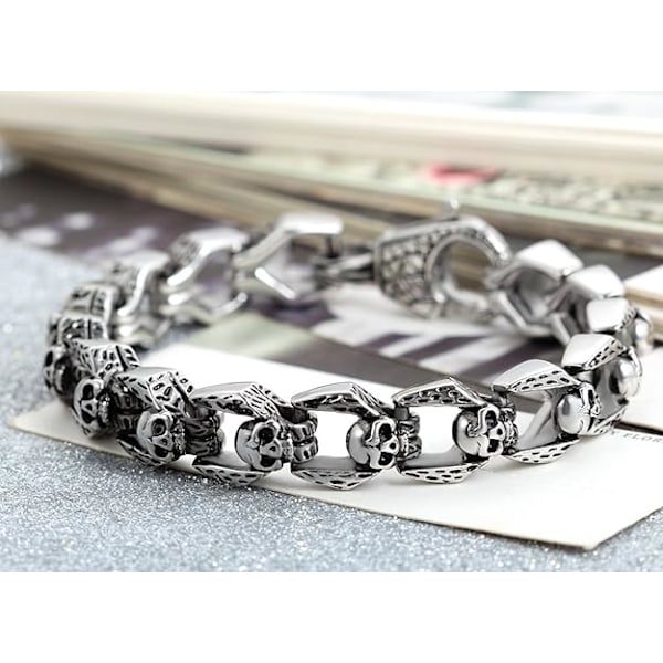 Mænds Rustfrit Stål Gothic Mekanisk Skalle Lænke Armbånd, 8,7 Tommer